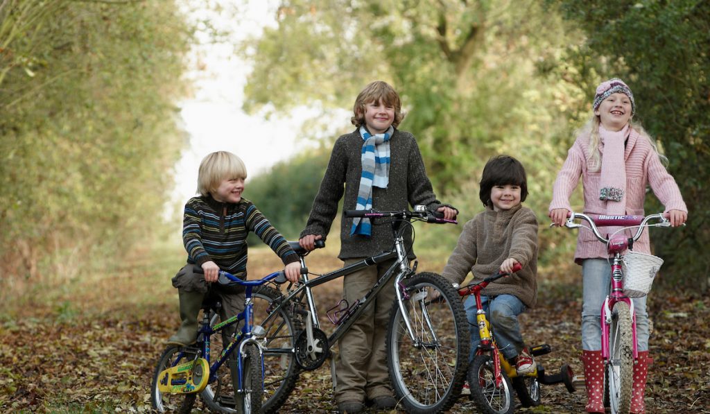 Children with bikes on country lane